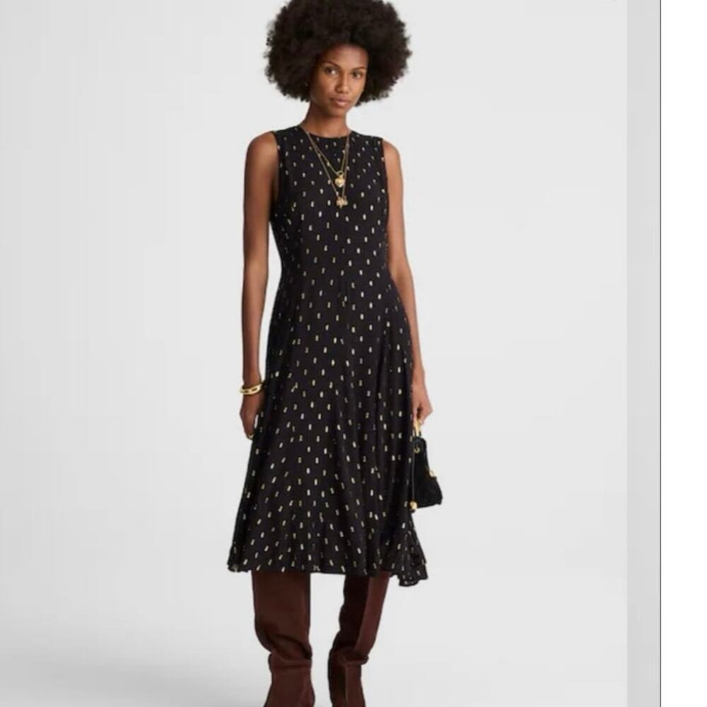 Madewell Sleeveless Flared Midi Dress in Crinkle Lurex Black Gold Size 12